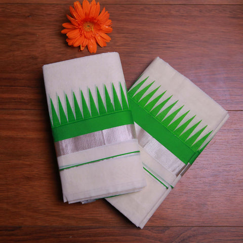 Cotton Set Mundu with Light Green Temple Design Border